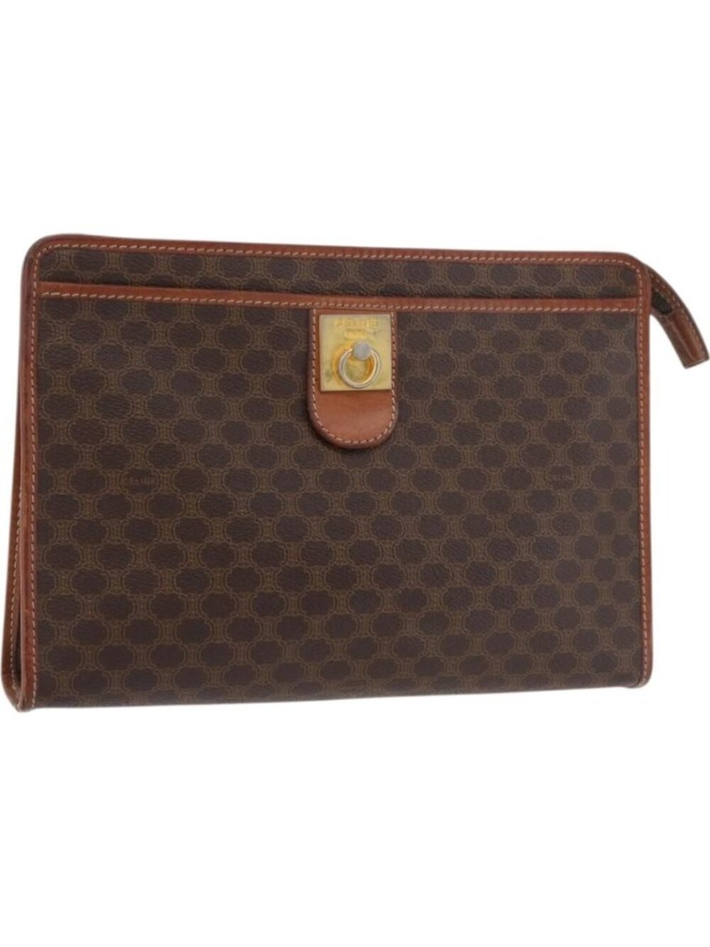 CELINE Macadam Canvas Clutch Bag PVC Leather Brown Gold